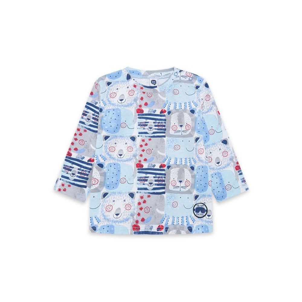 Kids Long Sleeve Tee with Bear Print - Blue and Gray